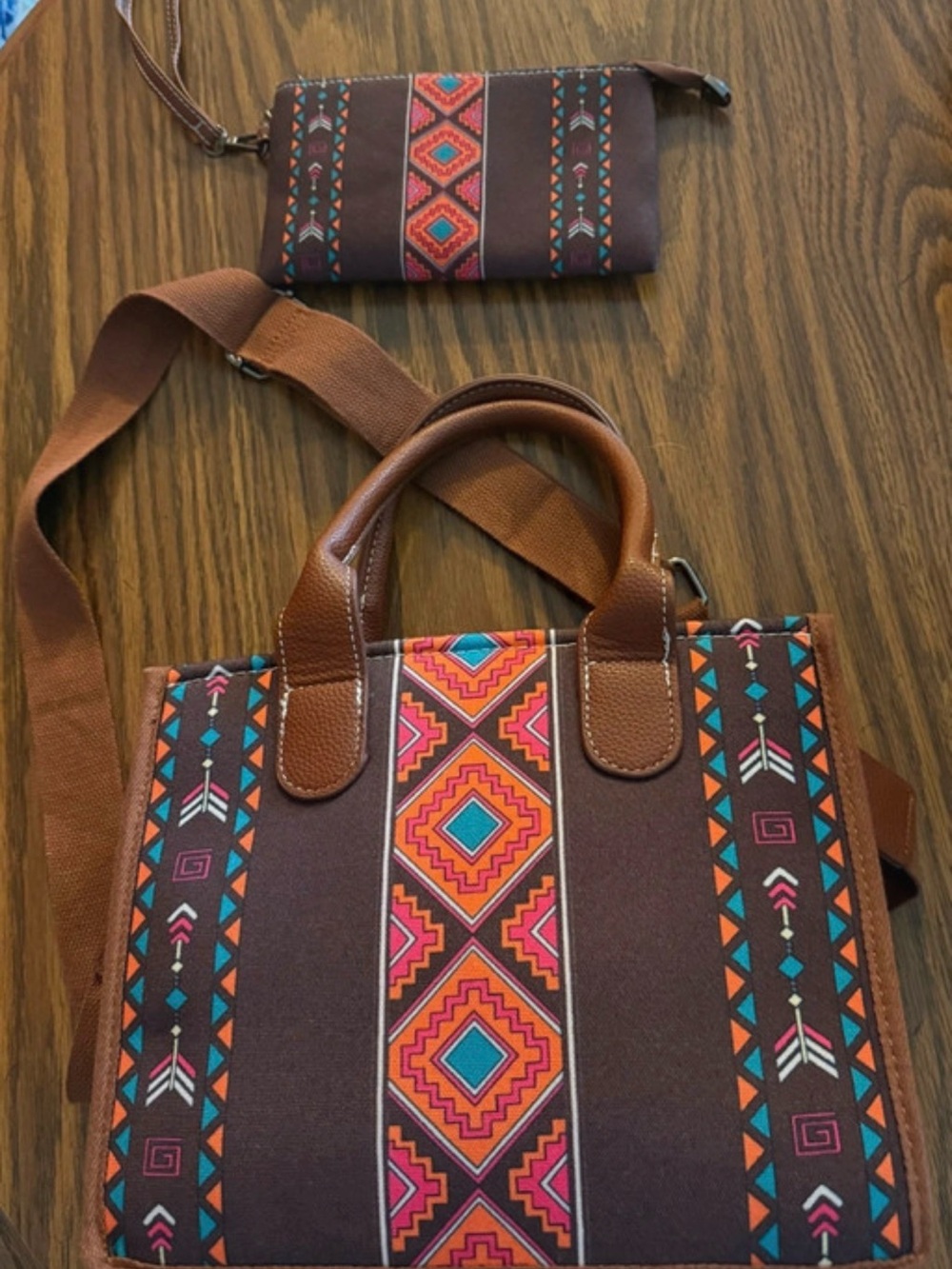 Brown Tote Bag with Pink & Teal Geometric Pattern and Wristlet